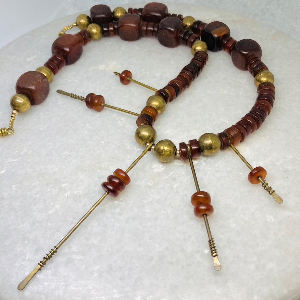 Vintage 1970s Water Buffalo Horn Beaded Necklace Artist Brown Carved Brass 23”